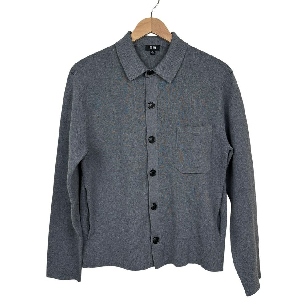 Uniqlo Milano Ribbed Shirt Collar Cardigan Cotton Blend XS Gray Minimalist